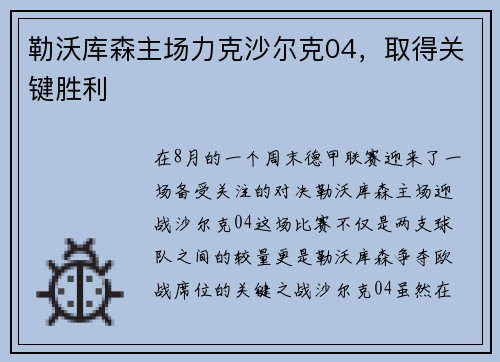 勒沃库森主场力克沙尔克04，取得关键胜利