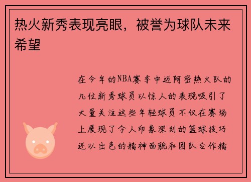 热火新秀表现亮眼，被誉为球队未来希望